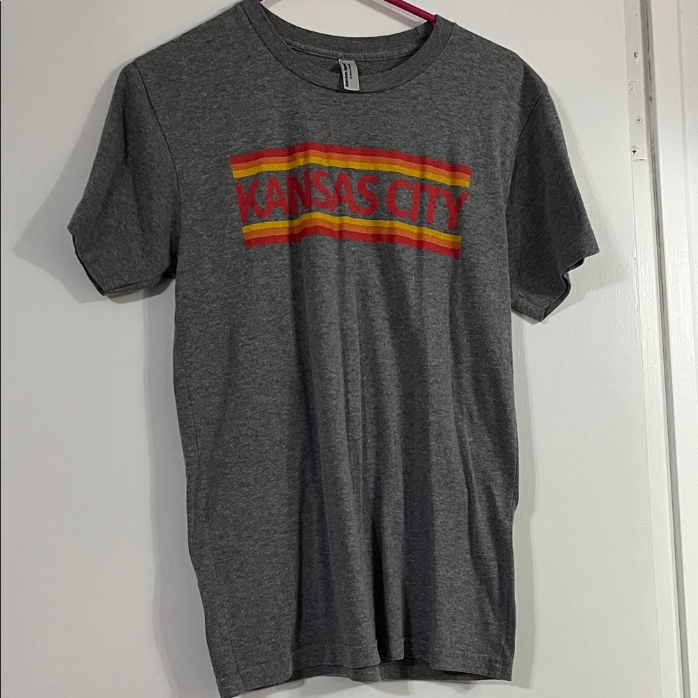 American Apparel Gray 'Kansas City' Graphic Tee with Red and Yellow Stripe